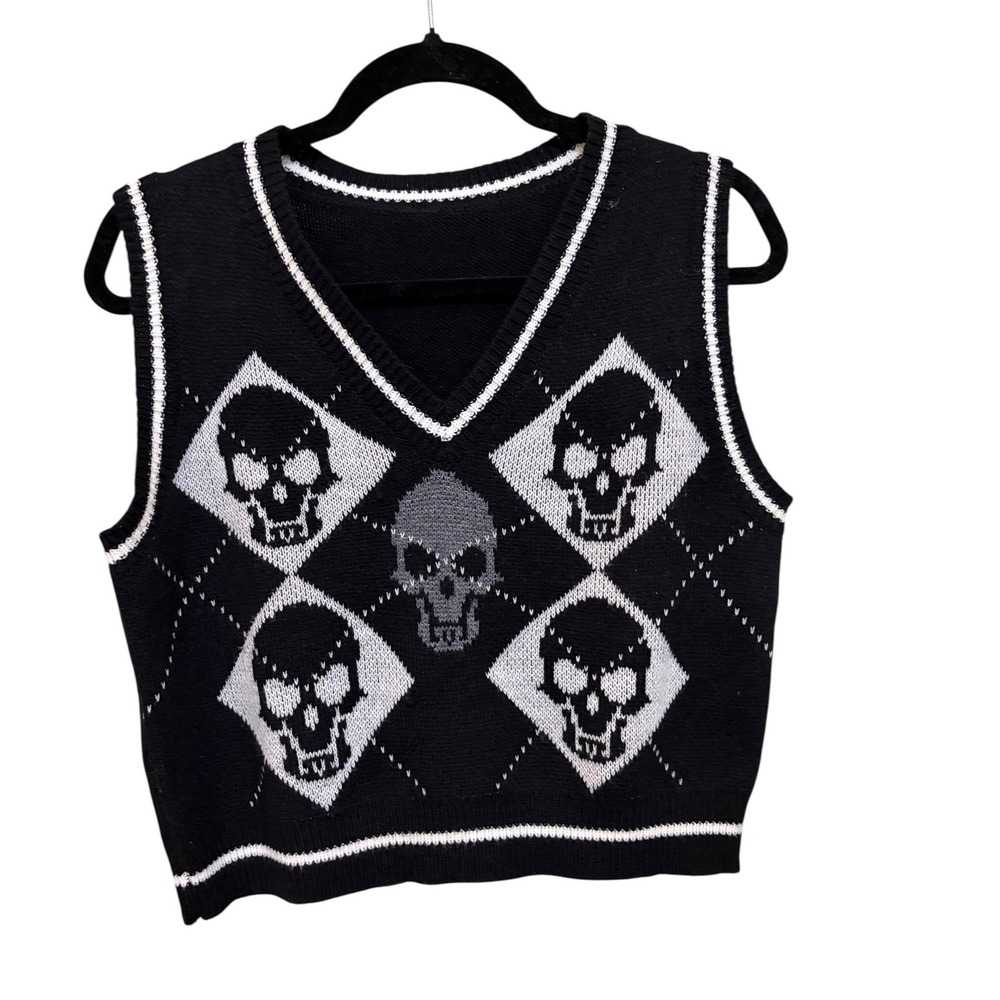 Rock n Doll Skull Argyle Cropped Sweater Vest Small Black Gothic Y2K Knit Top - Picture 3 of 7